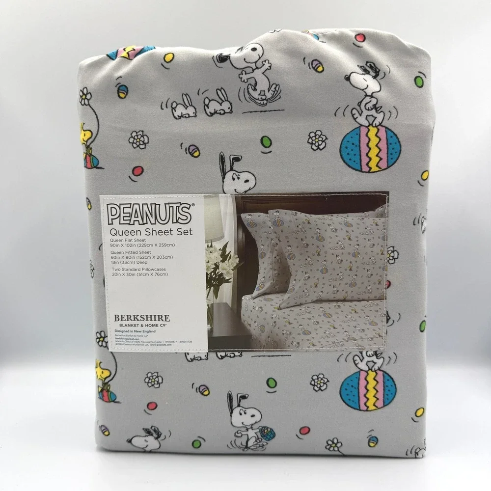Peanuts Sheet Set Queen Size Grey New Easter Snoopy Woodstock Berkshire Blanket